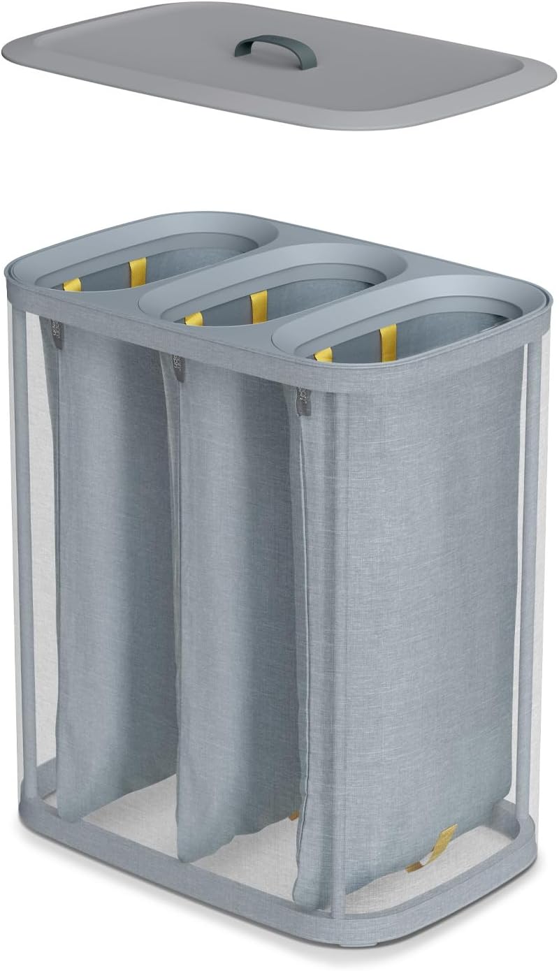 Joseph Joseph Tota Trio 90 liter/23.8 gallon Laundry Hamper Separation Basket with lid, 3 Removable Washing Bags with Handles- Gray