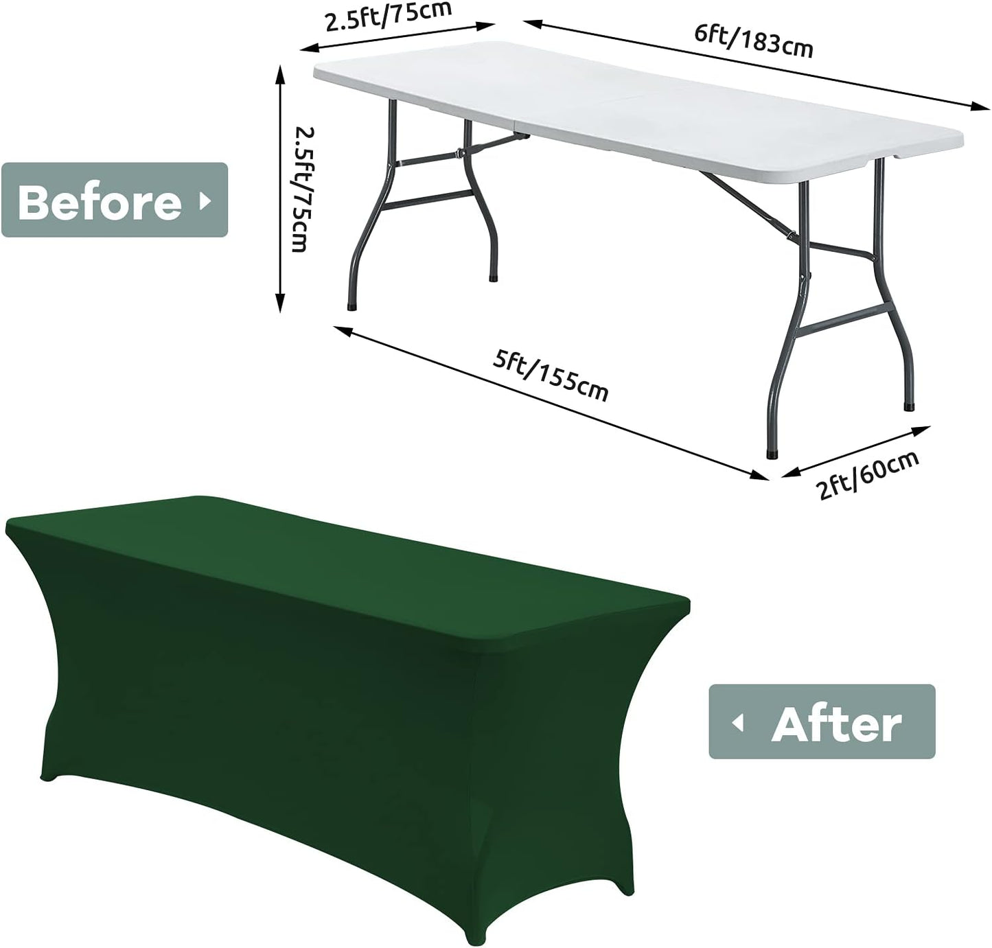 CWK 6FT Waterproof Stretch Spandex Table Cover for Rectangular Tables - Elastic Fitted Tablecloth for Folding Tables,Wrinkle Resistant Table Cloth for Parties,Weddings,Banquets&Events(Blackish Green)