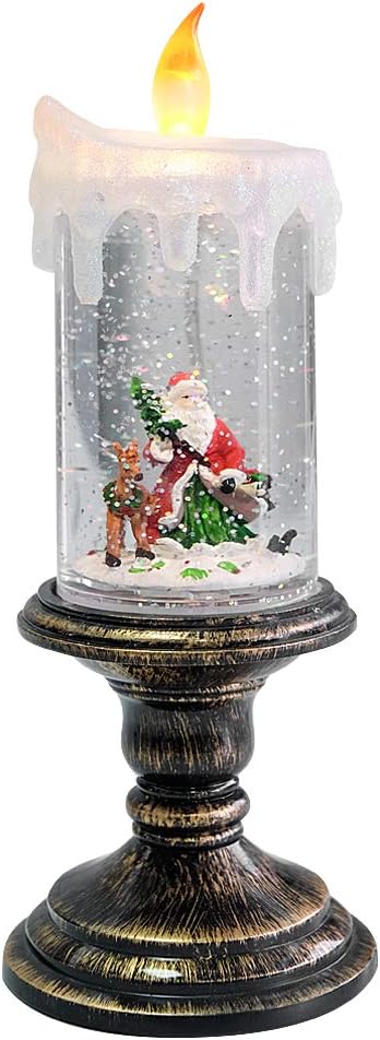 Eldnacele Battery Operated Lighted Flameless Candles Christmas Snow Globe Candle Light Swirling Water Glittering Spinning Candles for Home Decoration(Santa)