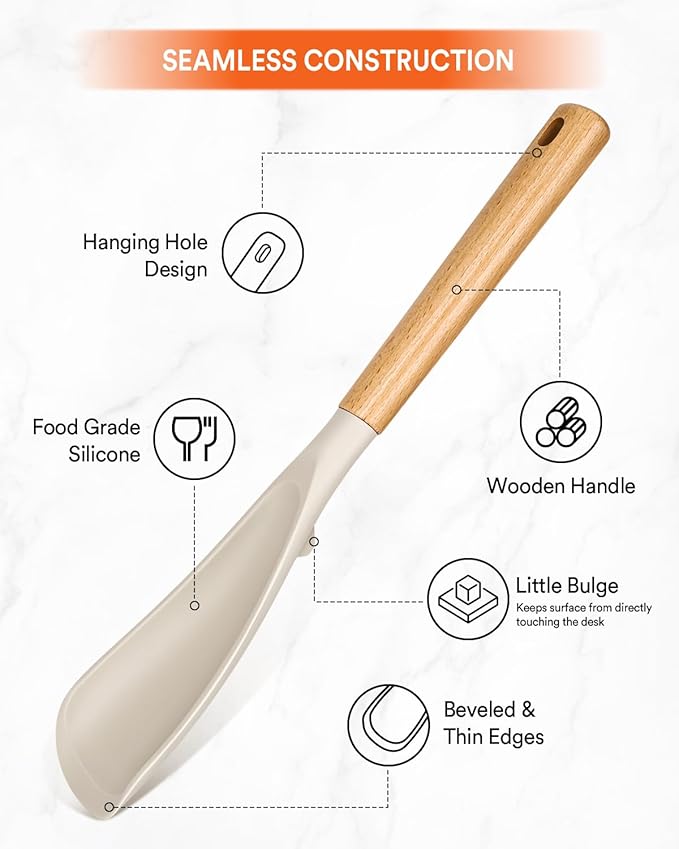 Cooking Spoon for Nonstick Cookwares, Great for Cooking and Serving Sturdy BPA-Free Matte Silicone, Wood Handle Spoon for Mixing, Scoop, and Scrape (Khaki & Turquoise, 13.4 inch)