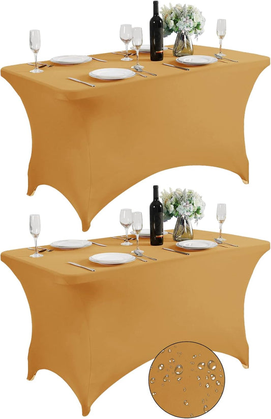 SuperO 2Pack Waterproof Spandex Table Cover for 4FT Table Universal Fitted Stretch Tablecloth for Party, Banquet, Wedding and Events-Gold