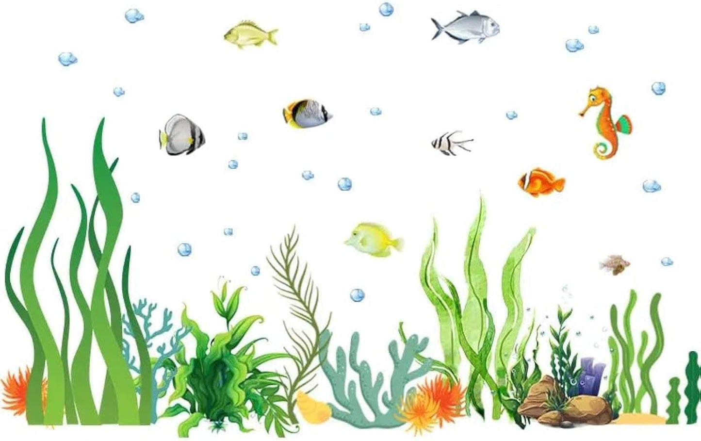 2 Sheets of 12x36 Inch Spring Summer Window Cling Sticker Fish, Plants, Aquatic Theme Window Stickers, Spring and Summer Decor, Home, Shop, Party Window, Glass, Wall Display Stickers (Aquatic Theme)