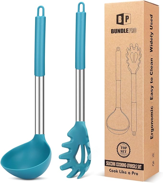 Silicone Pasta Fork and Ladle Spoon Set, Large Non Stick Kitchen Utensils for Cooking,Stirring,Serving Spaghetti, Soup, Sauce (BLUE)