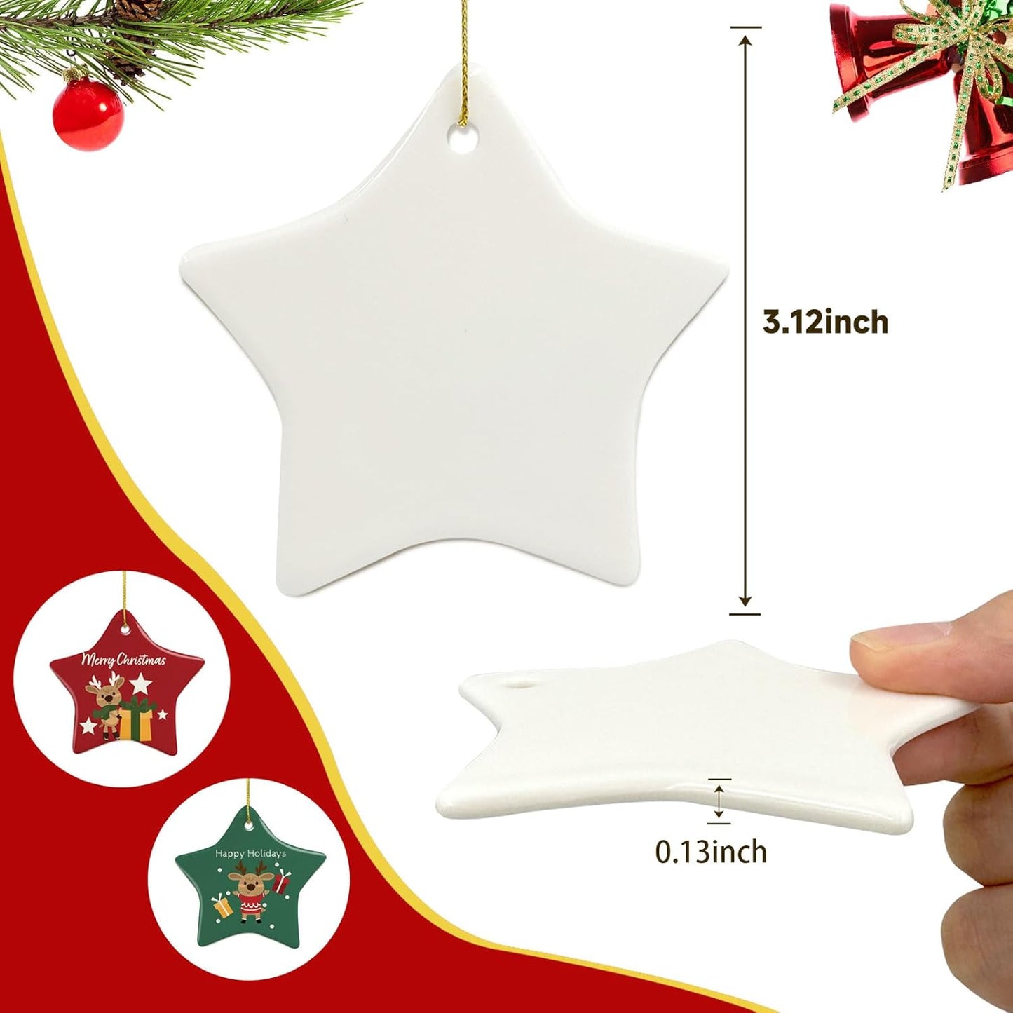 Sublimation Ornament Blanks Ceramic Star Sublimation Christmas Ornament Blanks Double Side with Gold String - Ceramic Christmas Ornaments Personalized Christmas Stocking Stuffers