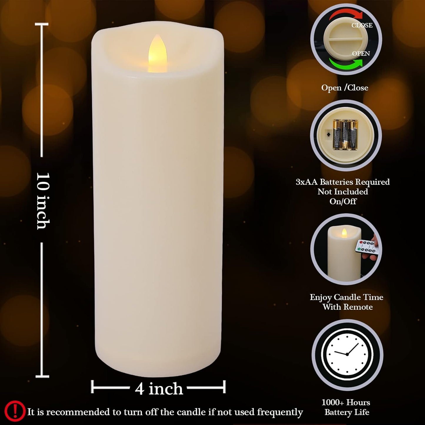 Large 10" x 4" Outdoor Waterproof Flameless Candles with Remote and Timers, 1000 Hours Battery Operated LED Flickering Pillar Candles for Lanterns, Ivory Plastic, Set of 2
