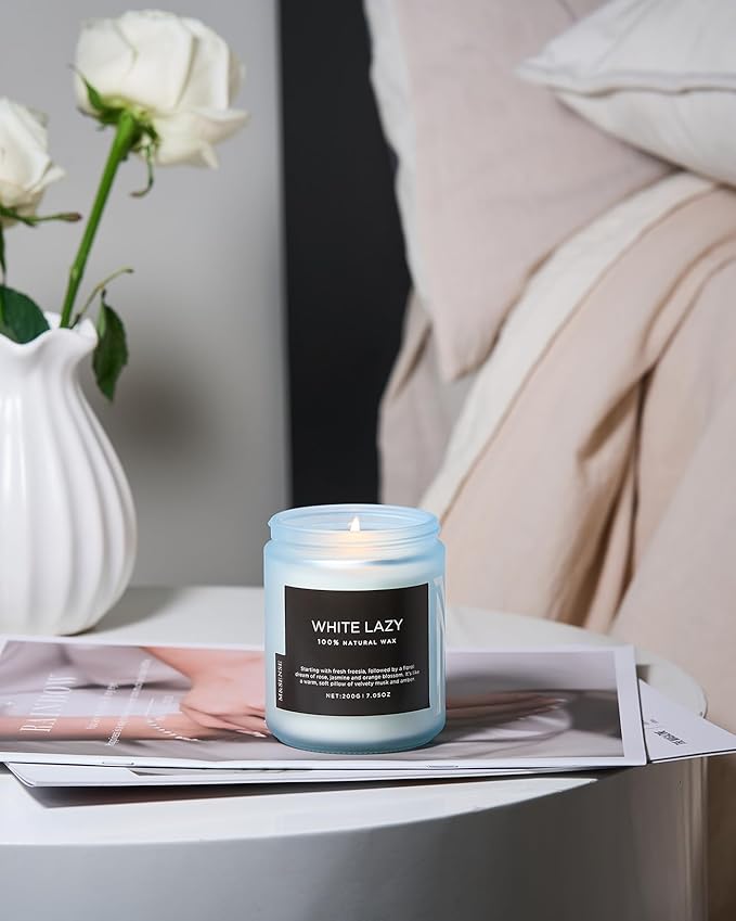 M&SENSE White Lazy - Clean Cotton & Jasmine Scented Natural Soy Wax Jar Candles for Home Decor 7.05oz 50 Hour Long Lasting Burning, Non Toxic Organic Natural Relaxing Candle for Women
