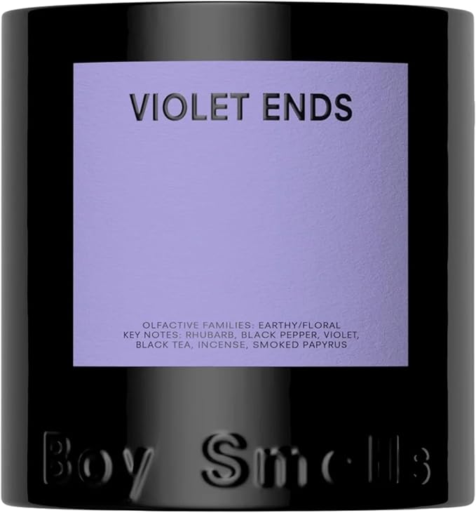 Boy Smells Violet Ends Candle - 8.5 oz - Aromatic Candle for Home with Rhubarb, Violet and Smoked Papyrus - Up to 50-Hour Burn - Cotton Wick