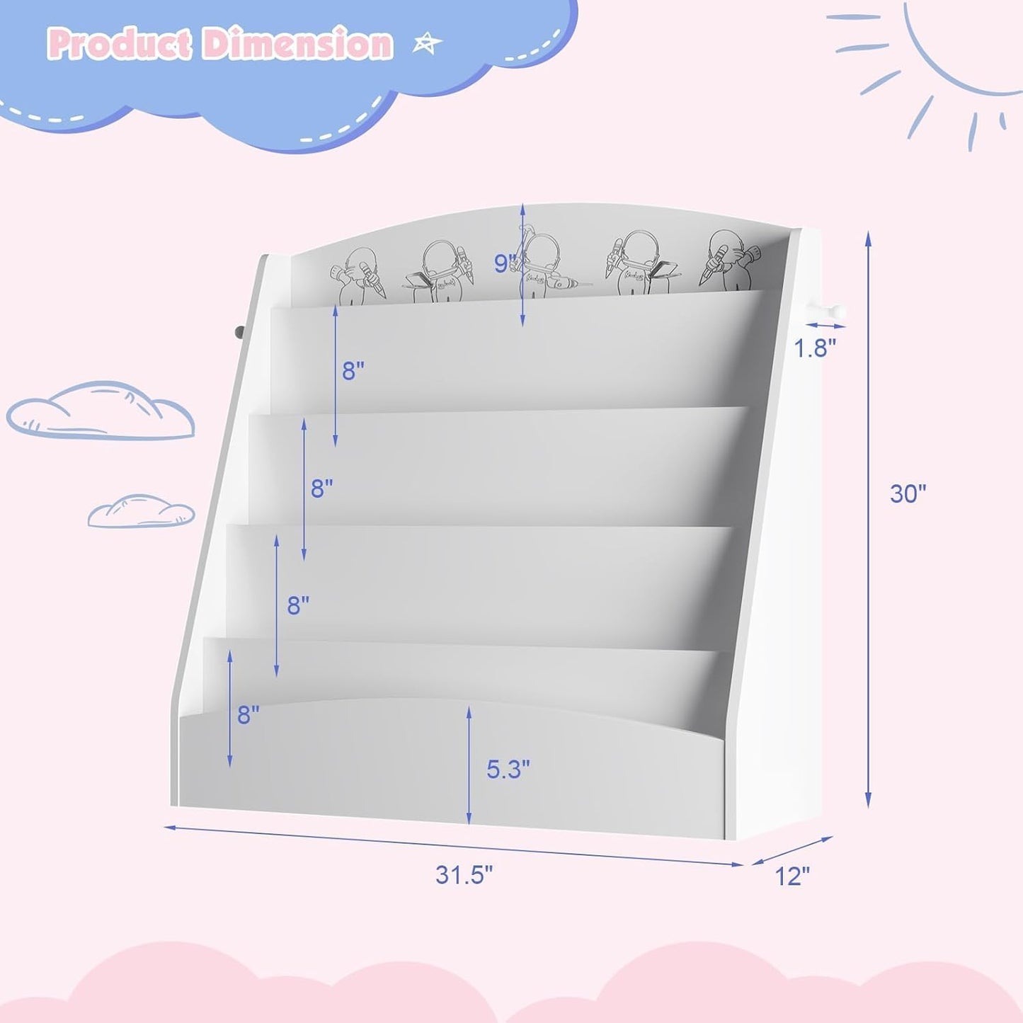 5-Tier Kids Bookshelf Montessori Toddler Book Rack Baby Bookcase Floor Front Facing Magazine Display Shelf for Bedroom Playroom Nursery Classroom Kindergarten Wood (White)