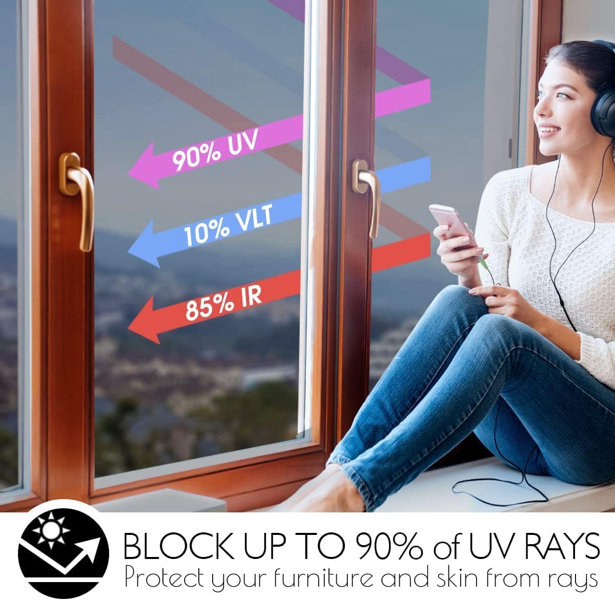 HIDBEA One Way Privacy Window Film, Daytime Mirror Reflective Heat Control UV Sun Blocking Non-Adhesive Static Cling Window Tint for Home and Office(Black-Silver, 41.3 Inch x 6.5 Feet)