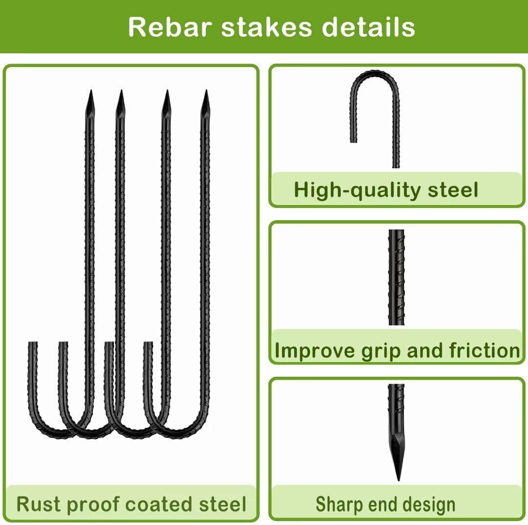 Rebar-Stakes-12-Inch, Ground Stakes Heavy Duty J-Hook Black Coated Anti-Rust Heavy Duty Ground Anchors for Garden Dog Fence Chicken Coop Christmas Decorations Deer Fence 8pcs