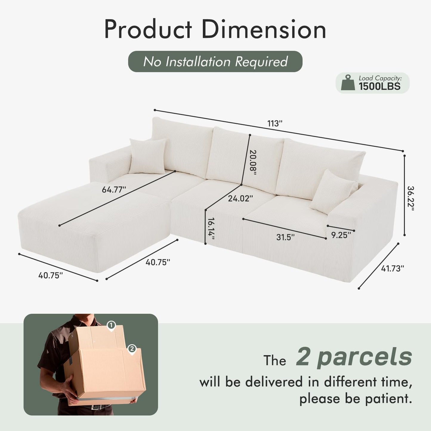 Boneless Sectional Cloud Couch Sofa for Living Room, 112" L-Shaped Modular Modern Lounge Sleeper Beige Couches with Chaise, No Assemble, Cordury Compression Upholstered Sofas