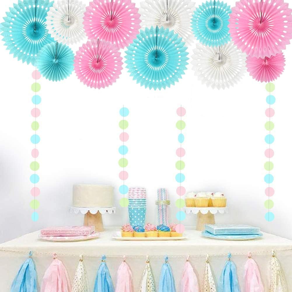 He or She Gender Party Supplies Blue Pink White Hanging Honeycomb Round Paper Fans for Birthday Baby Shower Bachelorette Anniversary Wedding Photo Booth Backdrop Party Decoration(11 Packs)