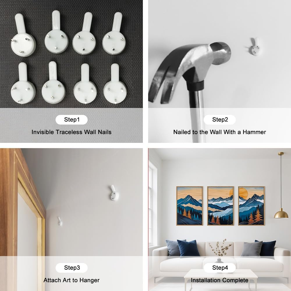 Celestdeco Blue Woodcut Mountain Framed Canvas Wall Art Set, Boho Abstract Ridge Wall Decor, Pine Tree Landscape Wall Painting, Sunrise Forest Art Print for Living Room, Bedroom, Office - 24"X36"X3