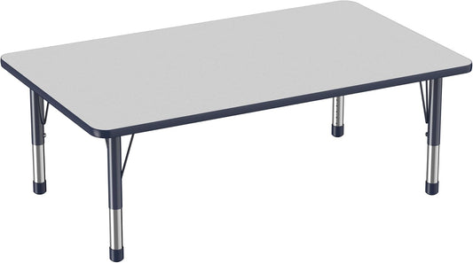 FDP Rectangle Activity School and Classroom Kids Table (36 x 60 inch), Toddler Leg, Adjustable Height 15-24 inches - Gray Top and Navy Edge