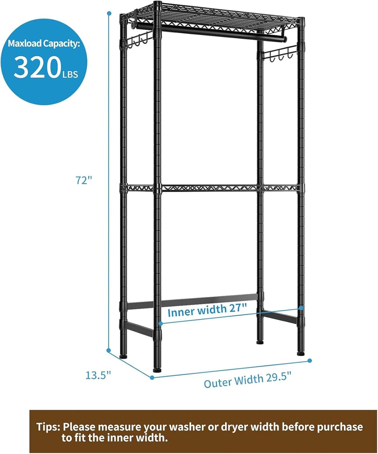 Over Washer and Dryer Shelves,2 Tier Adjustable Height Wire Shelving Laundry Room Storage Organization Clothes Drying Rack with Hanger Rod&Hooks,Space Saving Organizers Shelf,Black