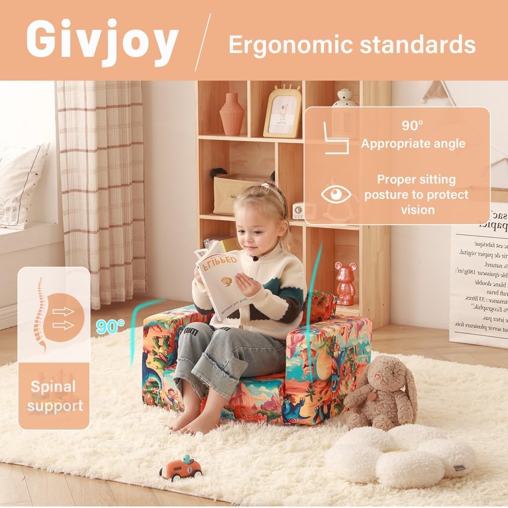 Toddler Chair Kids Couch, 2-in-1 Toddler Soft Sherpa Couch Fold Out Armchair with Removable Cover, Convertible Reading Chair Toddler Sofa for Kids, Orange Dinosaur