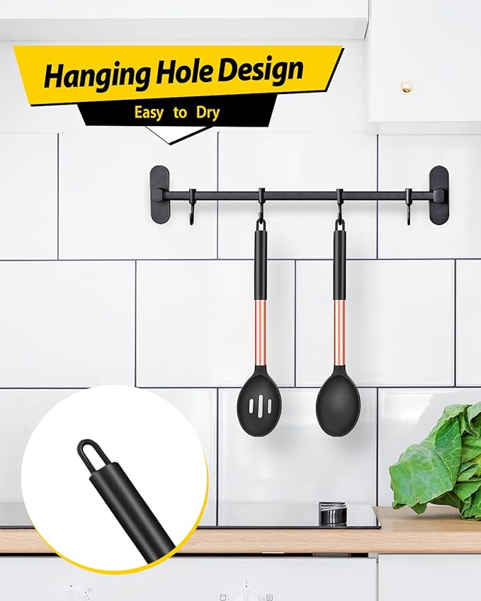 Pack of 2 Large Silicone Cooking Spoons,Non Stick Solid Basting Spoon,Heat-Resistant Kitchen Utensils for Mixing,Serving,Draining,Stirring (ROSE GOLD BLACK)