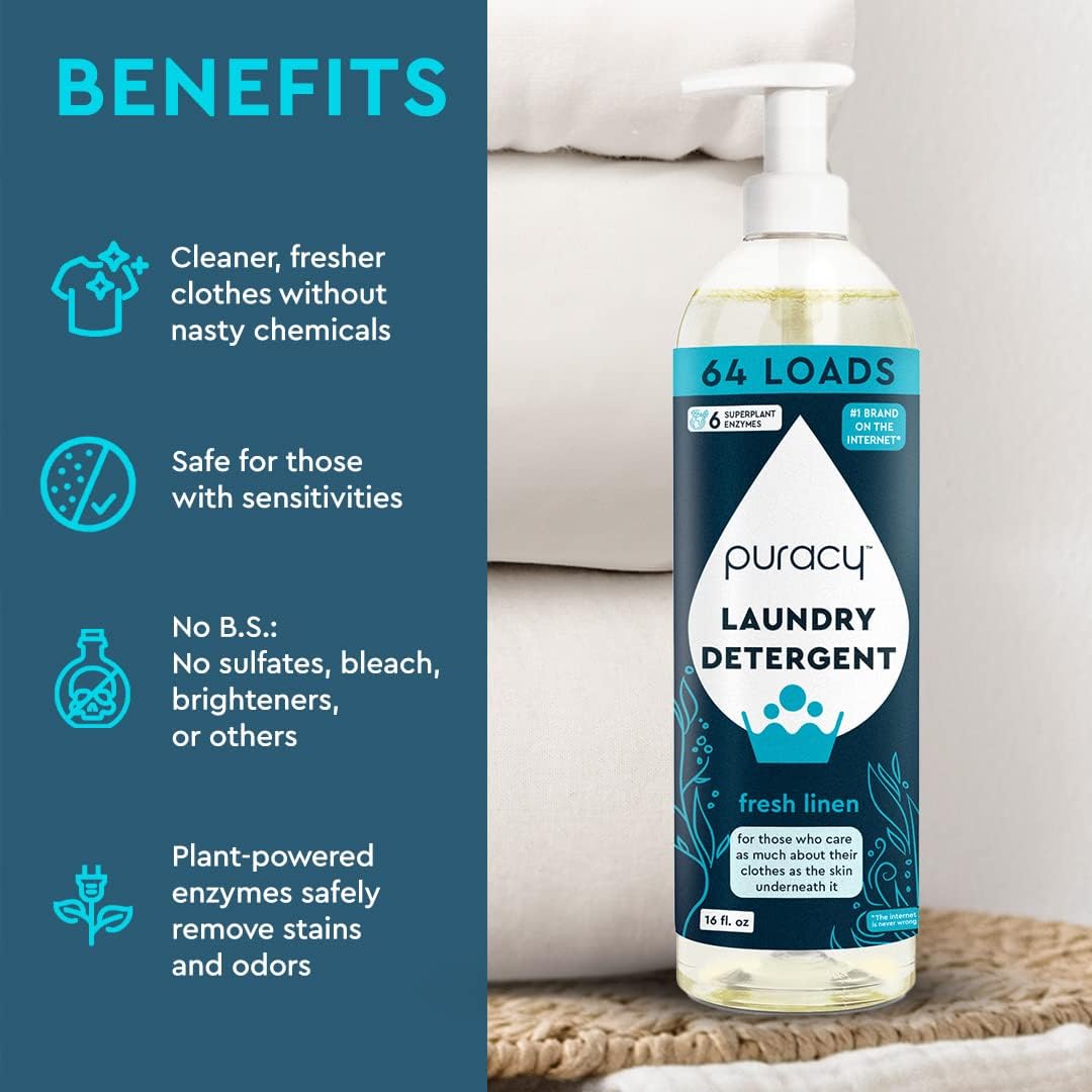 Puracy Laundry Detergent - Enzyme-Powered Liquid Laundry Detergent Concentrate, Natural Laundry Detergent Seen on TikTok, Non-Toxic (Fresh Linen, 16 fl oz, 64 Loads)