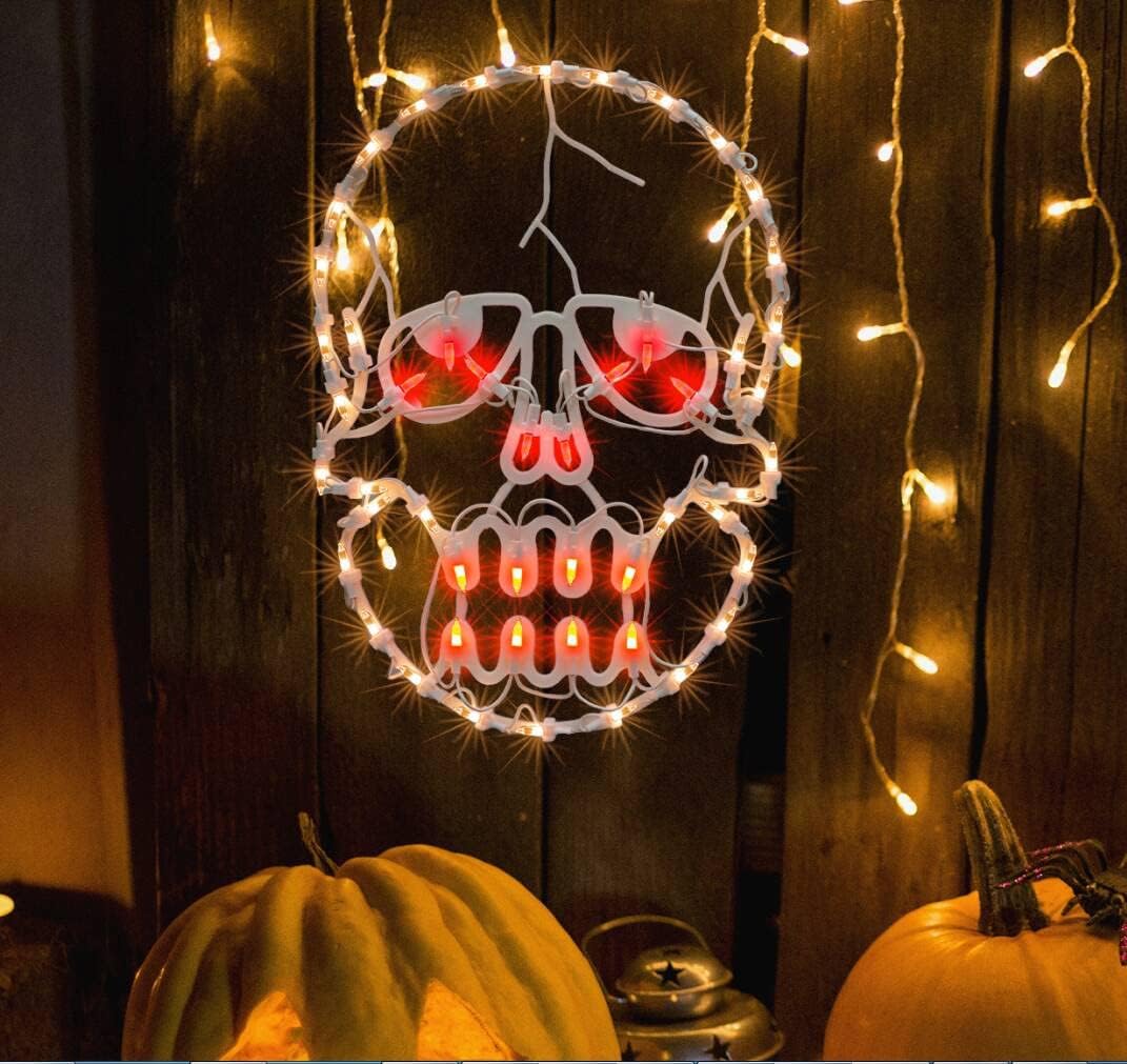 13.3" Lighted Skull Halloween Window Silhouette Decoration,Halloween Lighted Window Decoration,Hanging Light Up Holiday Ornament (Skull Light)