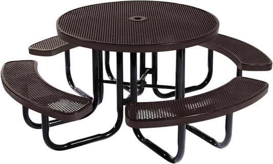 Heavy-Duty Portable Outdoor Picnic Table with Umbrella Hole, Punched Steel Commercial-Grade Patio Dining Furniture Made in America (46" Round Top, Brown)