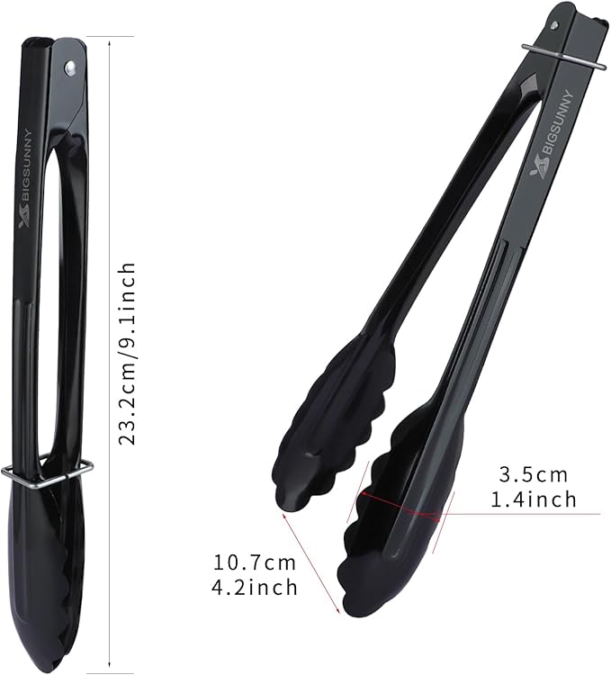 MSY BIGSUNNY 9 Inch Kitchen Food Tongs, Buffet Tongs, Serving Tongs, Black Aluminum Tongs - Set of 3