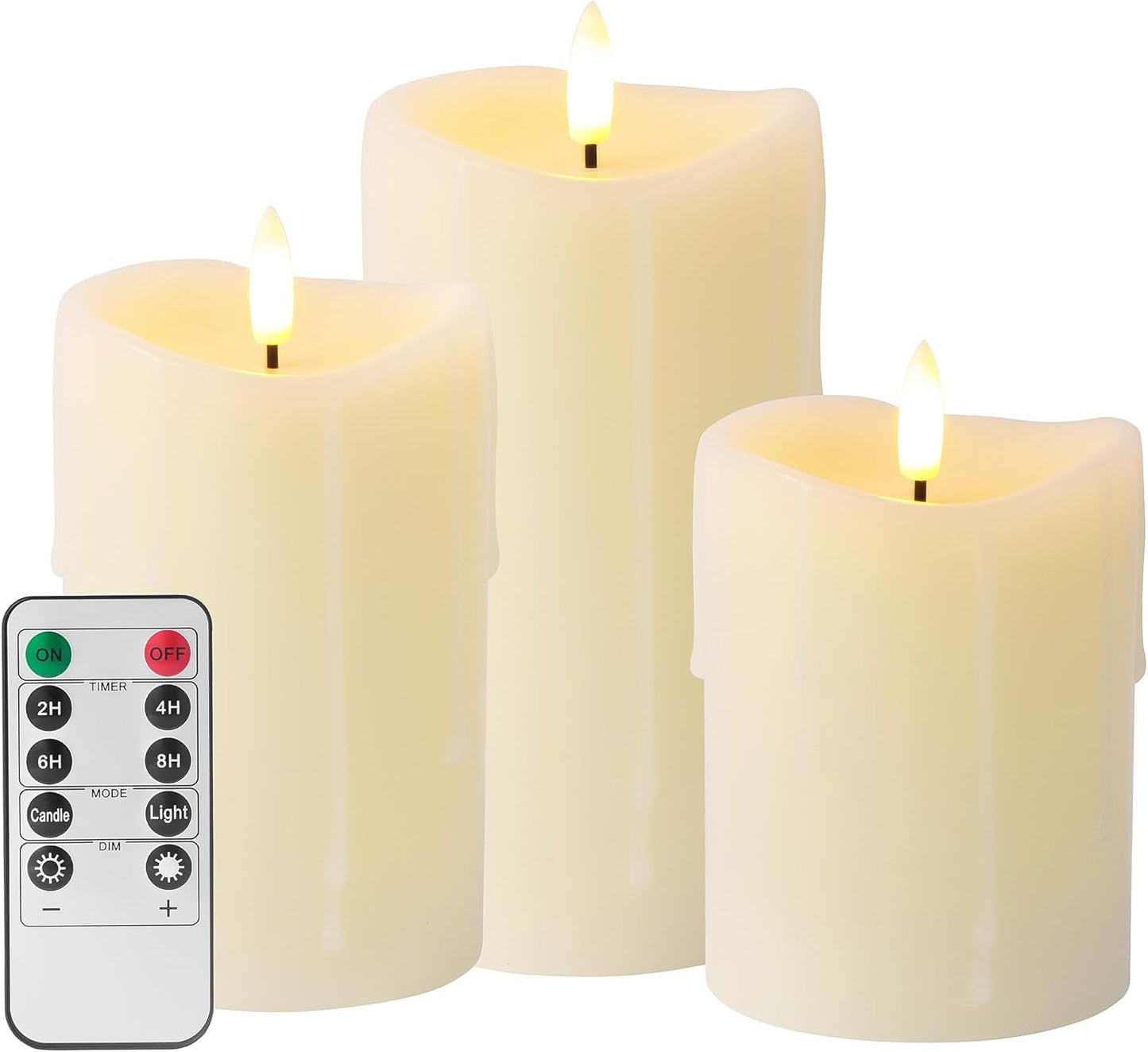 Ivory Flameless Candles with Remote and Timer, Real Wax Made Wax Drip LED Pillar Candles Battery Operated with 3D Flickering Flame Melted Top - 3" x 4", 3" x 5", 3" x 6" - Set of 3
