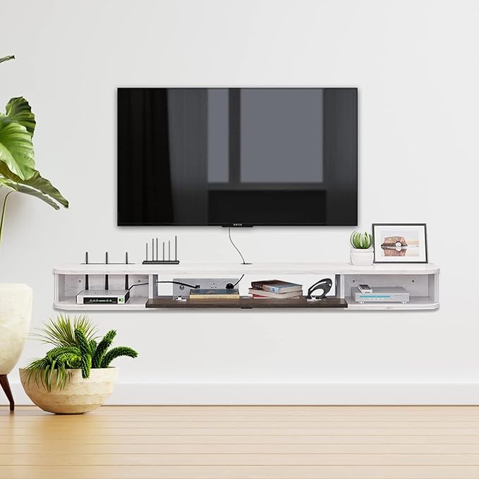 Pmnianhua Floating TV Console, 70'' Wall-Mounted Media Console TV Cabinet Floating TV Stand Entertainment Shelf with Door and Storage (Grayish-White)