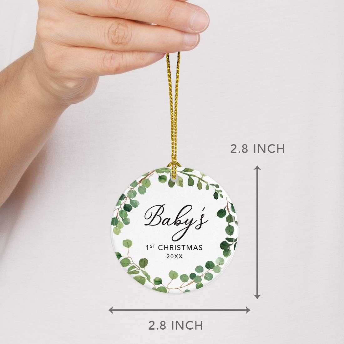 Andaz Press Custom Year Round Ceramic Porcelain Christmas Tree Ornament Keepsake Collectible Gift, Baby's 1st Christmas 2025, Farmhouse Eucalyptus Wreath, 1-PackBaby Shower New Mom Gift Ideas