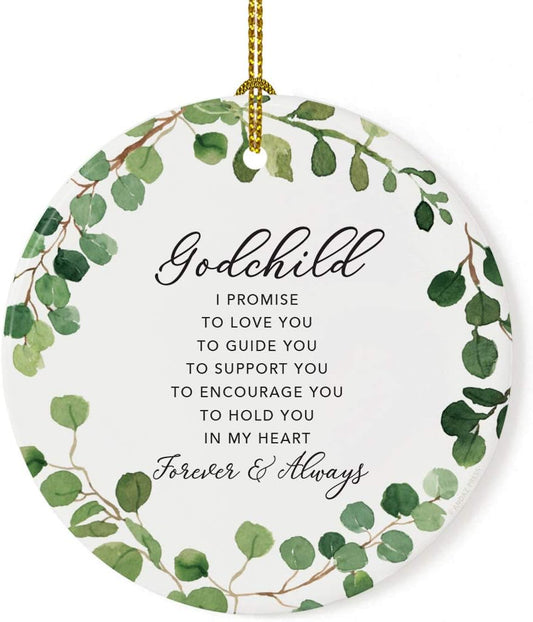 Andaz Press Round Ceramic Porcelain Christmas Tree Ornament Keepsake Collectible Gift, Godchild I Promise to Love You, Farmhouse Eucalyptus Wreath, 1-PackBaby Shower Baptism Christening Gift Ideas