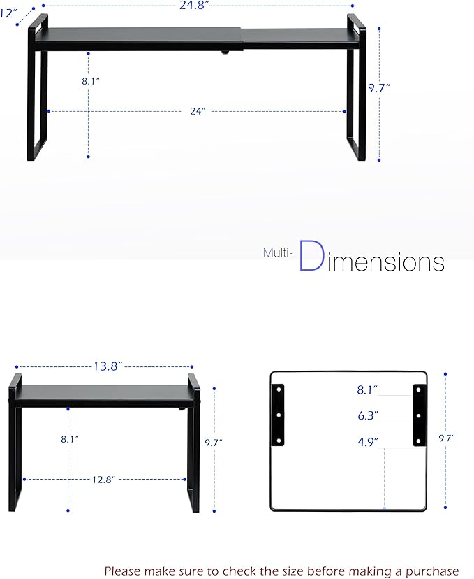 Nxconsu Cabinet Shelf Expandable Height Adjustable Shelf Organizer Riser for Kitchen Cabinet Pantry Cupboard Under Sink Countertop Organization Storage Space Saver Stackable Heavy Duty Metal Black XXL