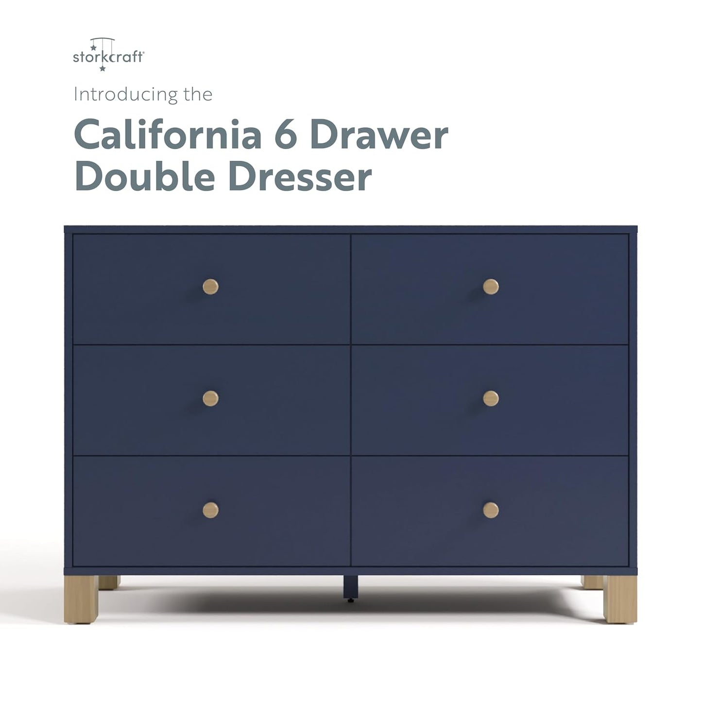 Storkcraft California 6 Drawer Double Dresser (Midnight Blue with Driftwood) – GREENGUARD Gold Certified, Spacious Storage Organizer for Kids’ Room, Safety Interlocking Drawer System