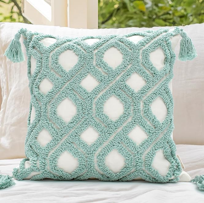 Boho Pillow Covers 18X18 Inch Boho Tufted Throw Pillow Covers Decorative Tassels Cushion Cover Farmhouse Pillow Case for Couch Sofa Bed Living Room Bedroom, Aqua Green