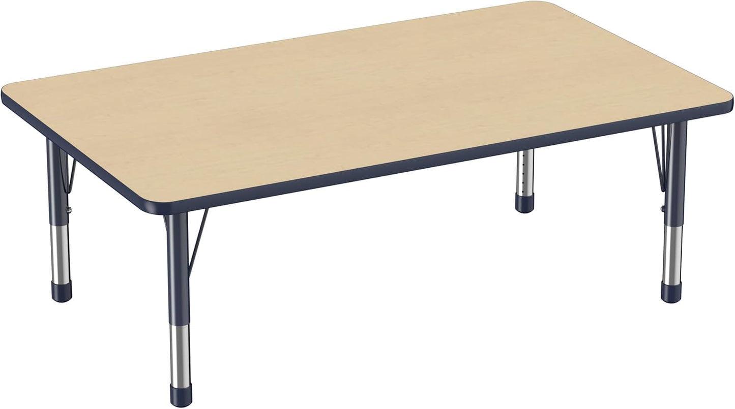 Factory Direct Partners FDP Rectangle Activity School and Classroom Kids Table (36 x 60 inch), Toddler Leg, Adjustable Height 15-24 inches - Maple Top and Navy Edge