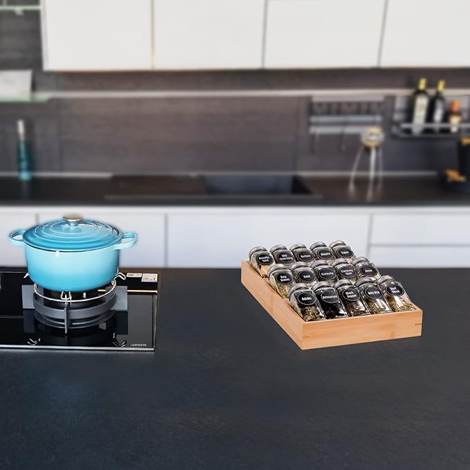 Bamboo Spice Rack Organizer for Drawer 3 Tier Bamboo Spice Tray Cabinet for Kitchen Storage and Organizer (Pre-Measure Your Drawer)(1 Pack, Drawer)