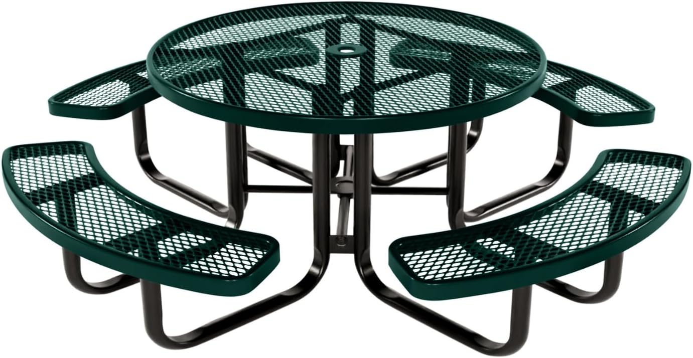 Coated Outdoor Furniture Heavy-Duty Portable Outdoor Kids Table with Umbrella Hole, Expanded Metal Kids Picnic Table, Commercial-Grade, Made in America (46 In, Round, Childrens, Dark Green)
