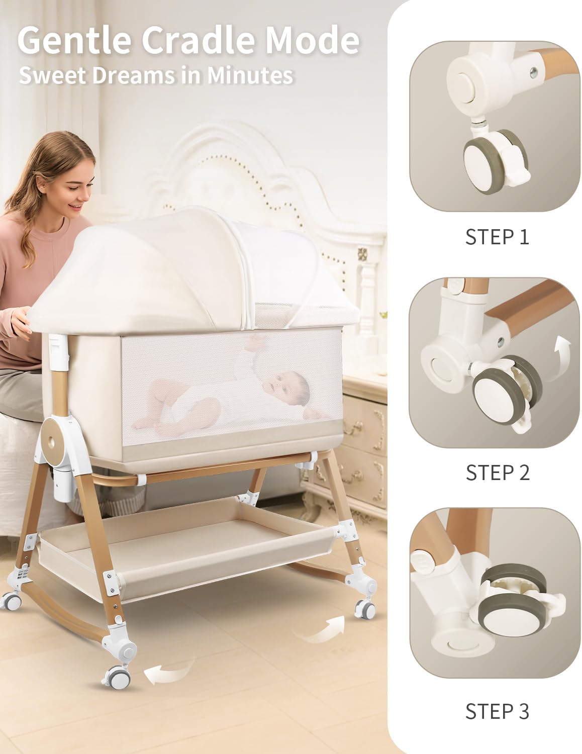 4 in 1 Baby Bassinet, Bassinets Bedside Sleeper with Wheels and Storage Basket, Adjustable 7 Heights Bedside Sleeper with Mosquito Net, Breathable Mesh Rocking Bassinet for Baby