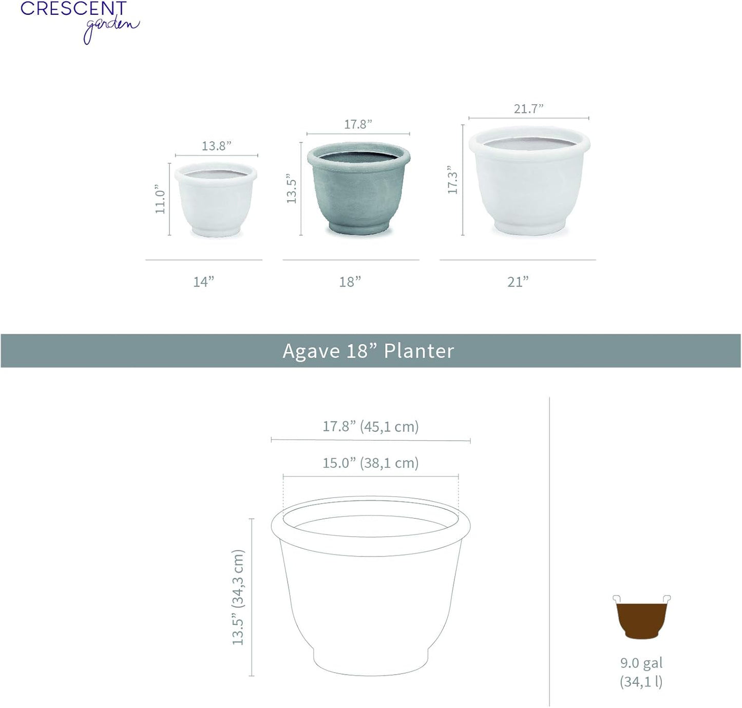 Crescent Garden Agave Planter, Charming Old-World Plant Pot, 18-Inch (Caviar Black)