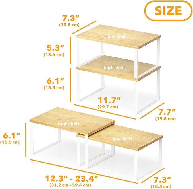 SpaceAid Cabinet Shelf Organizers 2 Pack, Kitchen Counter Rack Shelves Riser, Stackable Expandable Spice Rack, Pantry Cupboard Storage Organization (White and Natural, Short)
