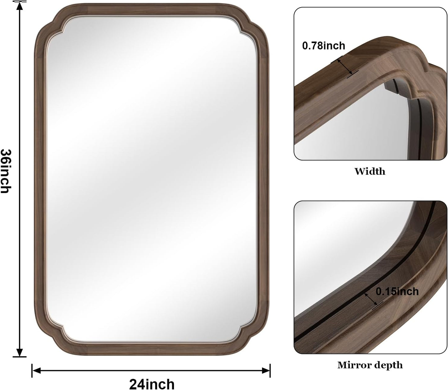 WallBeyond Wood Bathroom Mirror for Wall Mounted with Rounded Corner Wood Frame for Entryway, Living Room or Bedroom Home Decor Vertical or Horizontal Hanging [24" x 36" Walnut Color]
