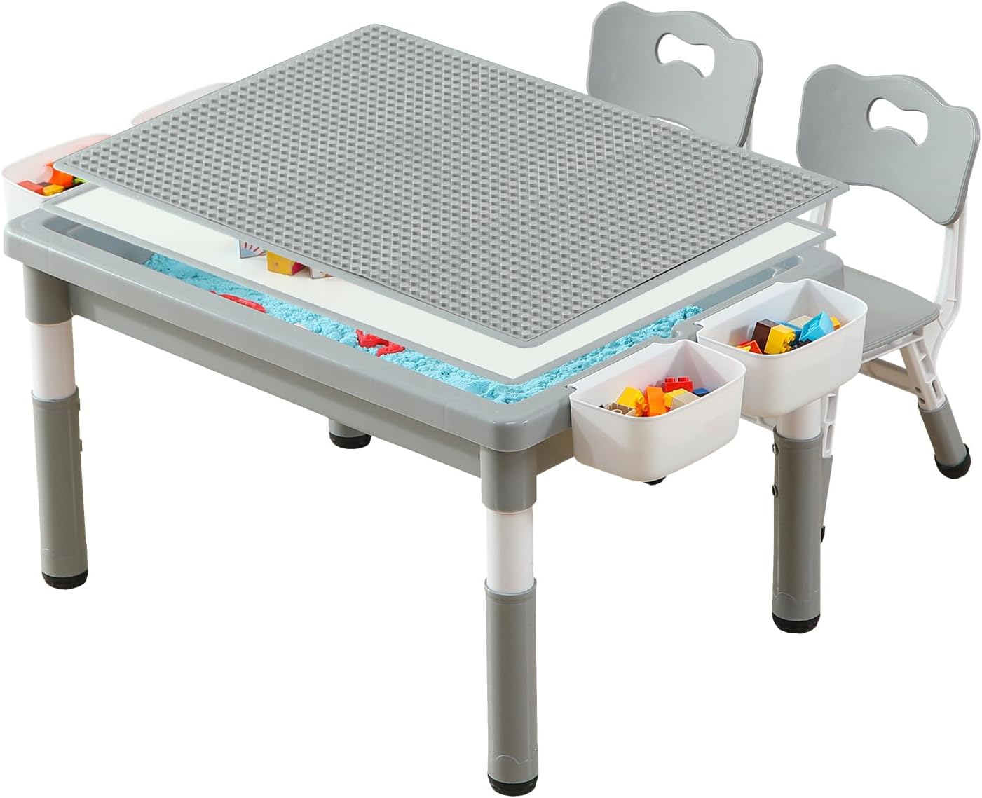 Multi Functional Kids Table and 2 Chairs Set, Graffiti & Building Blocks Double-Sided Tabletop, Toddler Play Table with Drawers, Large Storage Space, Gift for Boys/Girls, Gray