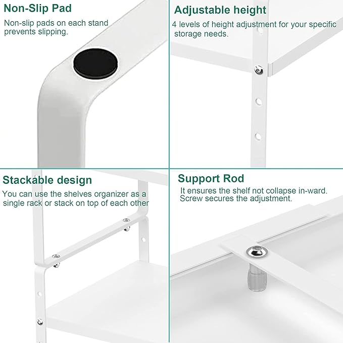 iPEGTOP Expandable Cabinet Storage Shelf Organizer Rack, Heavy Duty Cupboard Stand Spice Rack Adjustable Height Garage Pantry Shelf Space Riser for Counter Kitchen Organization, White, 3 Pack