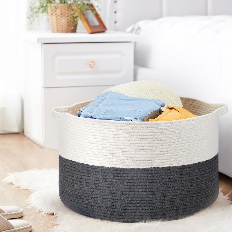 Ravinte Large Storage - 22"x 22"x 14" Blanket Basket for Living Room, Baby Toy Storage, Cotton Rope Woven Laundry (White-Gray)