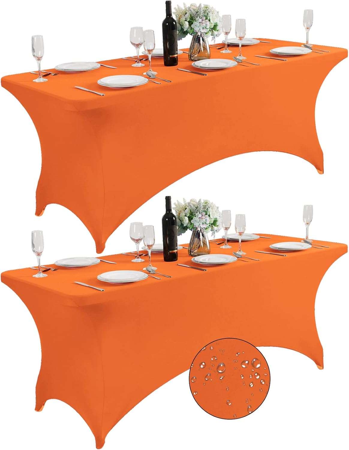 SuperO 2Pack Waterproof Spandex Table Cover for 6FT Table Universal Fitted Stretch Tablecloth for Party, Banquet, Wedding and Events-Orange