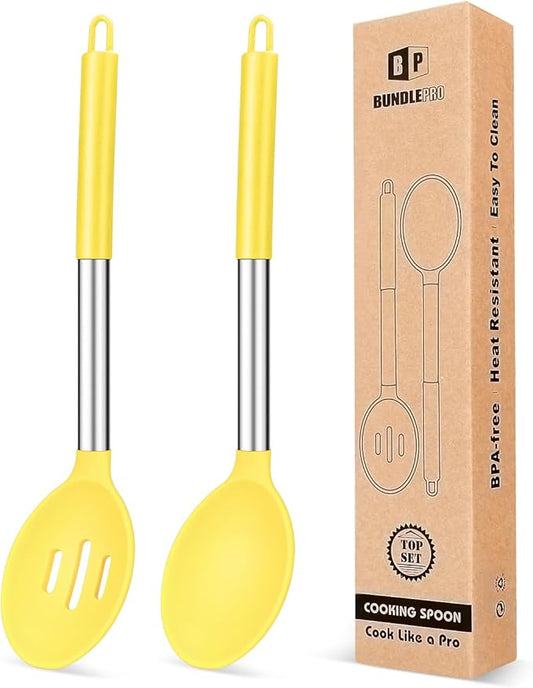 Pack of 2 Large Silicone Cooking Spoons,Non Stick Solid Basting Spoon,Heat-Resistant Kitchen Utensils for Mixing,Serving,Draining,Stirring (YELLOW)