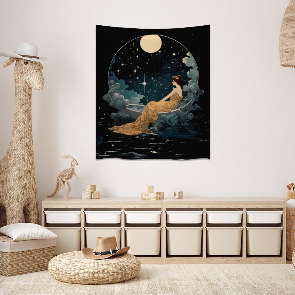 Dark Academia Tapestry Celestial Moonlit Bathing Lady Print Trendy Aesthetic Gothic Wall Hanging Vintage Art Nouveau Tapestries Wall Decor for Bedroom Living Room Dorm 30x40inch