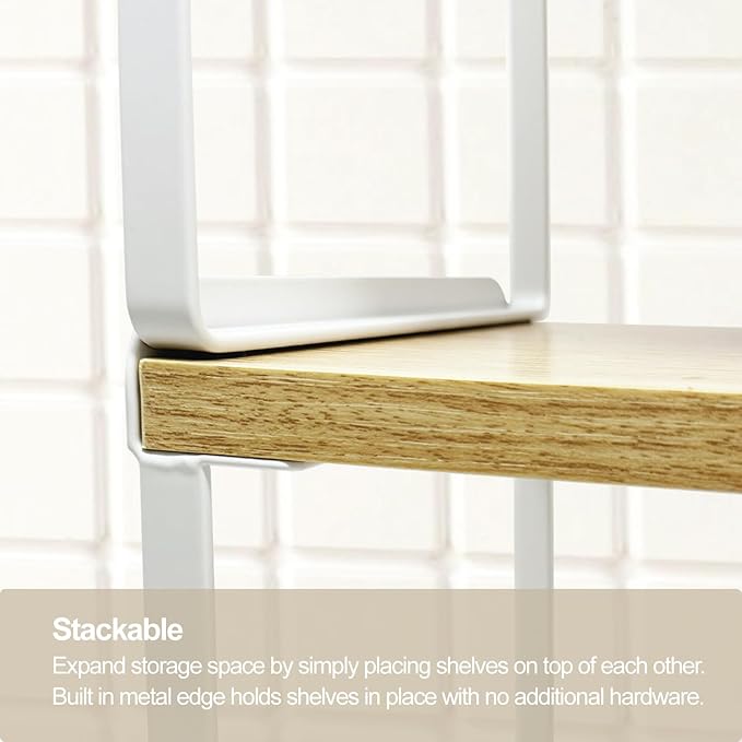 Mitus Shelf Organizer and Storage, Stackable Tiered Wood Cabinet Rack for Countertops, Desktops, Cabinets (Set of 2) 16" Wide Natural Oak and White