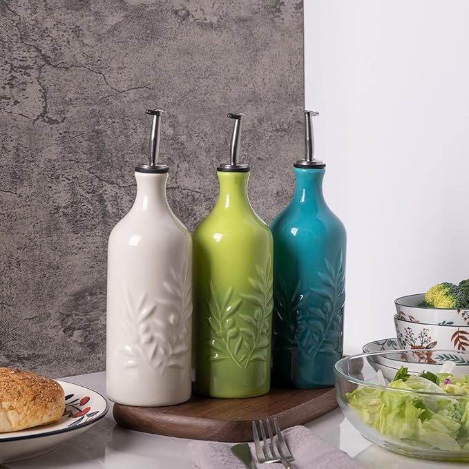 Sweejar Ceramic Olive Oil Dispenser Bottle, 20 Oz Relief Design EVOO Oil and Vinegar Dispensing Bottle with Spout for Kitchen, Set of 1 (Gradient Blue)