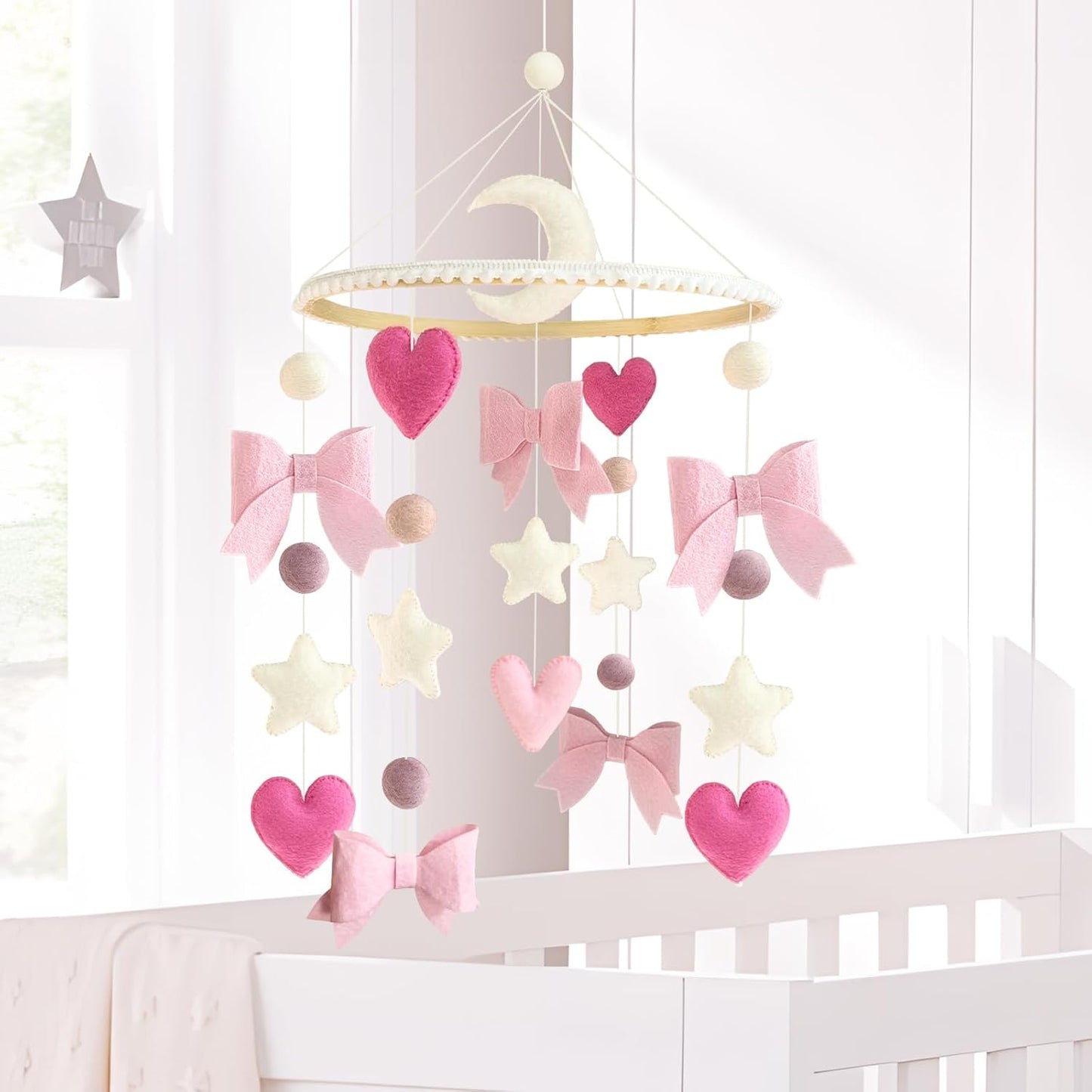 Baby Mobile for Crib Pink Bow Baby Crib Mobile for Girls Handmade Coquette Bow Nursery Decor for Infant Bedroom Hanging Pink Girls Room Decor for Bassinet Gender Reveal Newborn Gifts
