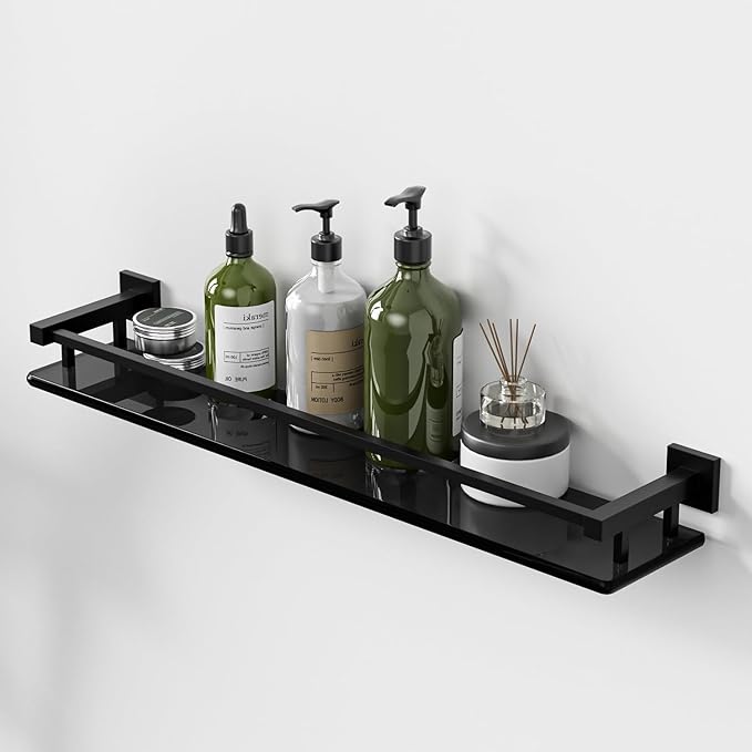 Alise Bathroom Shelf Wall Mounted, Matte Black Large Capacity Glass Shelf for Bathroom, 24 inch