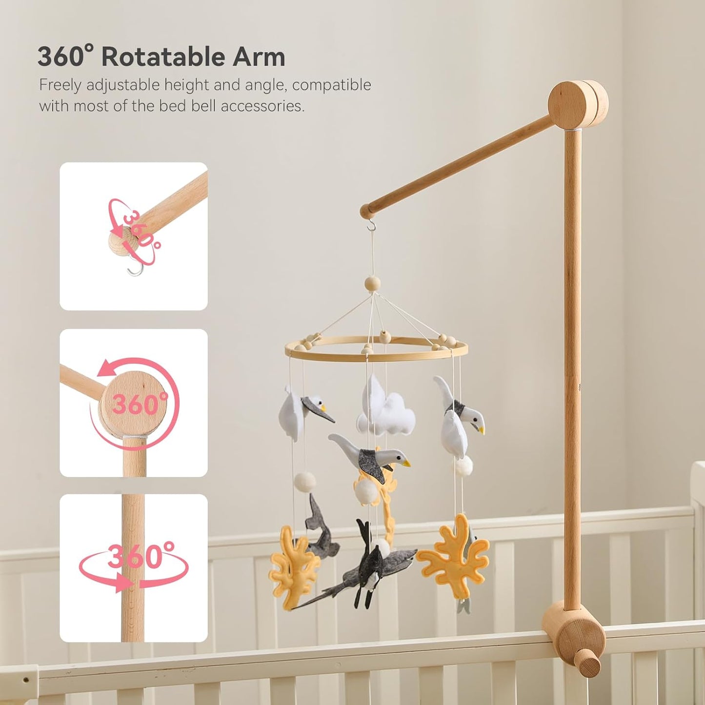 HI BABY MONMENT Crib Mobile Arm - Baby Mobile Hanger with 360° Vertical Adjustment, Stabilizing Attachment for Added Safety, Mobile Arm for Crib, Sturdy & Secure Design for Nursery Mobile